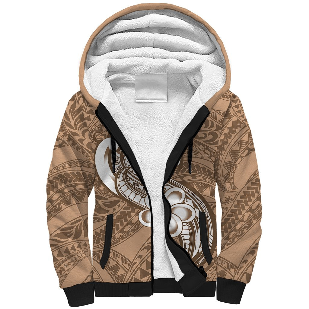 Polynesia Sherpa Hoodie Plumeria With Tribal Pattern Brown Pastel Vibes LT14 Unisex Brown - Polynesian Pride