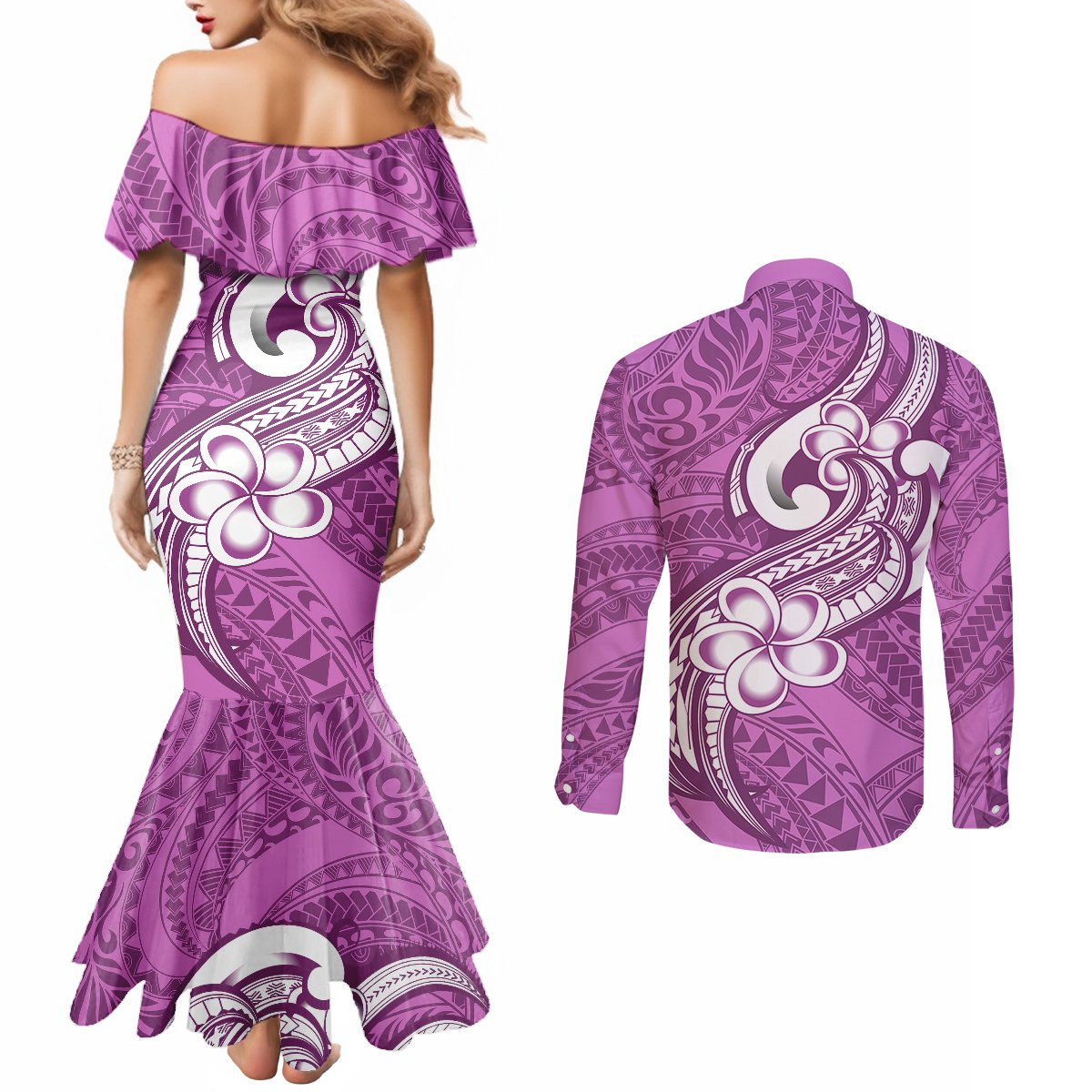 Polynesia Couples Matching Mermaid Dress and Long Sleeve Button Shirts Plumeria With Tribal Pattern Pink Pastel Vibes LT14 - Polynesian Pride