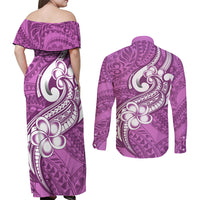 Polynesia Couples Matching Off Shoulder Maxi Dress and Long Sleeve Button Shirts Plumeria With Tribal Pattern Pink Pastel Vibes LT14 - Polynesian Pride