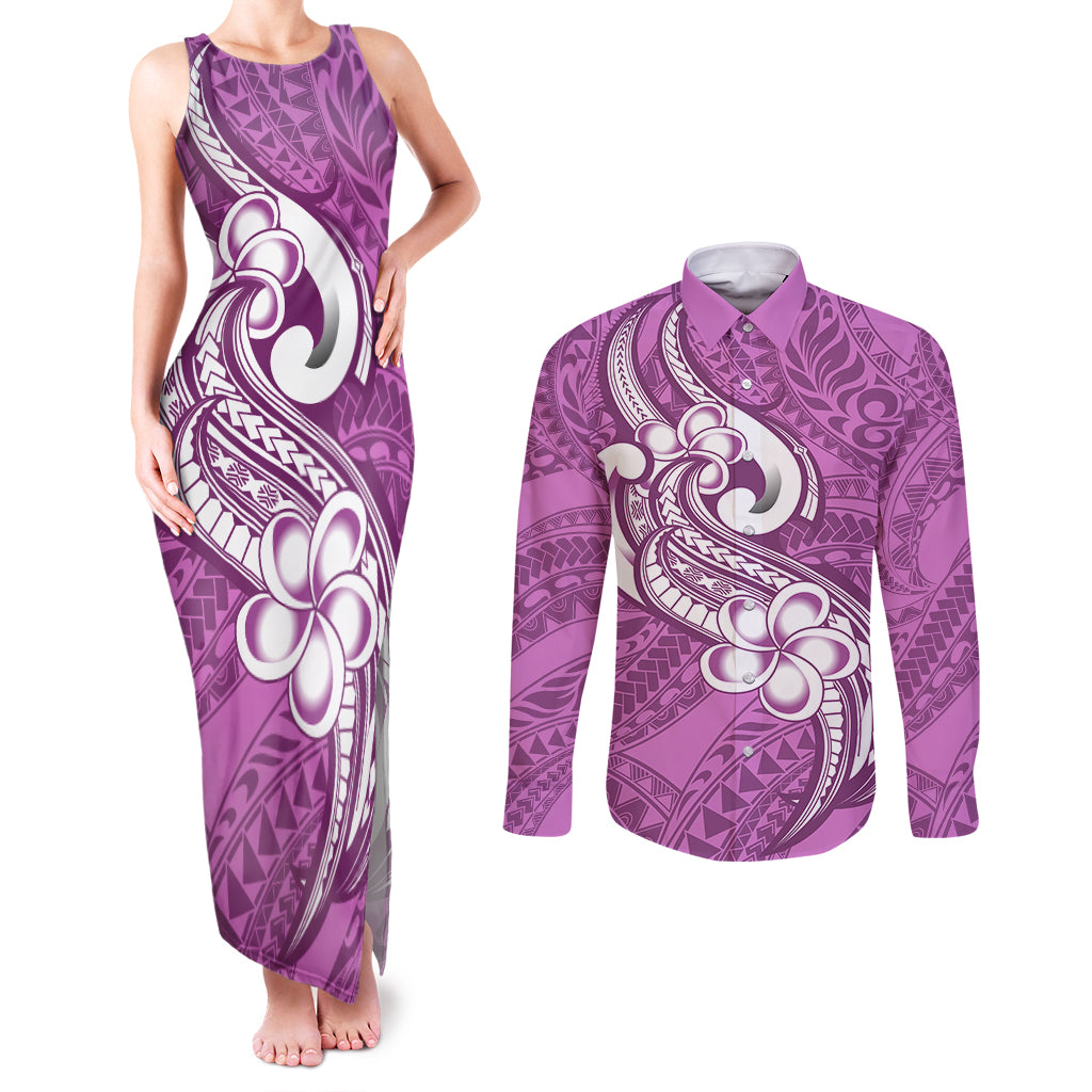 Polynesia Couples Matching Tank Maxi Dress and Long Sleeve Button Shirts Plumeria With Tribal Pattern Pink Pastel Vibes LT14 Pink - Polynesian Pride