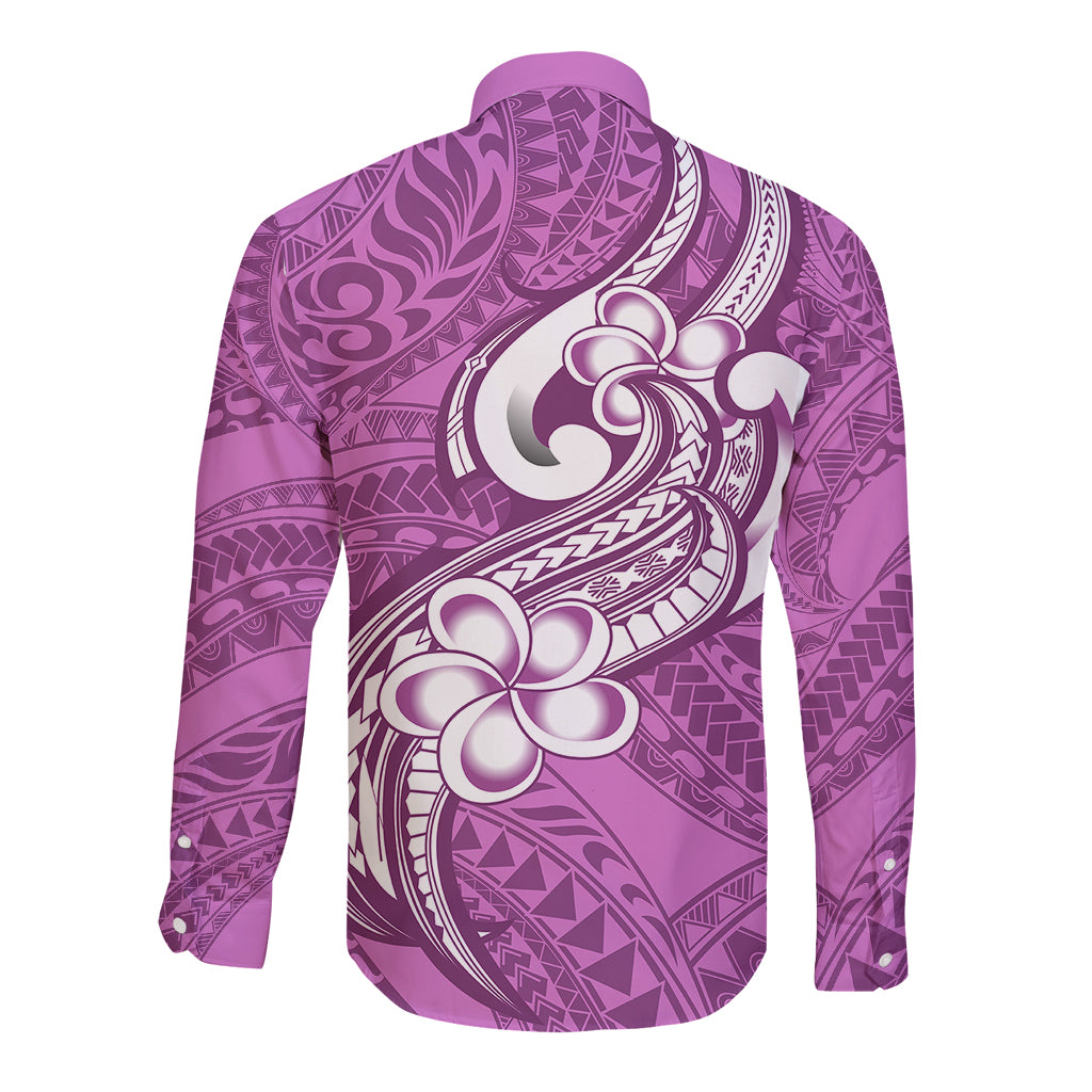 Polynesia Long Sleeve Button Shirt Plumeria With Tribal Pattern Pink Pastel Vibes LT14 - Polynesian Pride