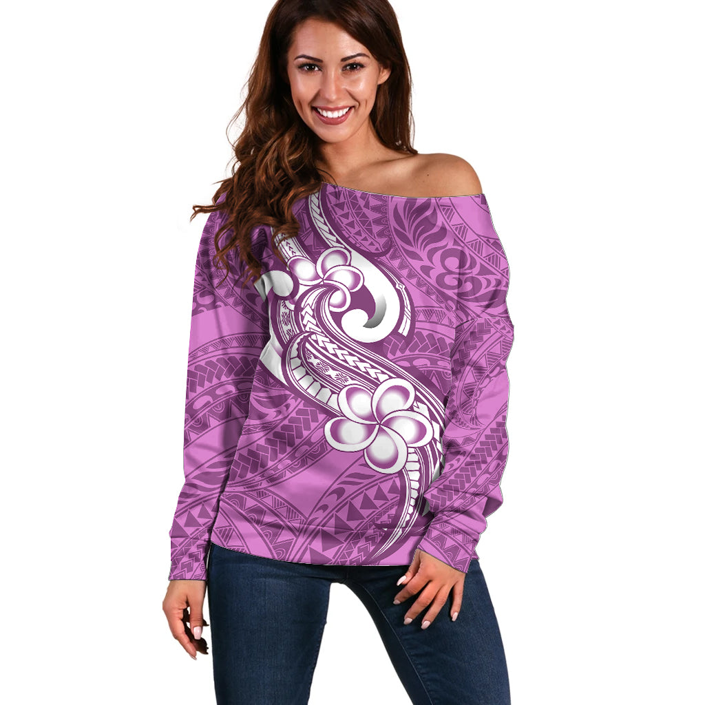 Polynesia Off Shoulder Sweater Plumeria With Tribal Pattern Pink Pastel Vibes LT14 Women Pink - Polynesian Pride