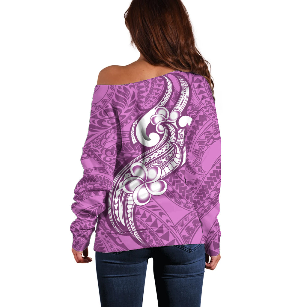 Polynesia Off Shoulder Sweater Plumeria With Tribal Pattern Pink Pastel Vibes LT14 - Polynesian Pride