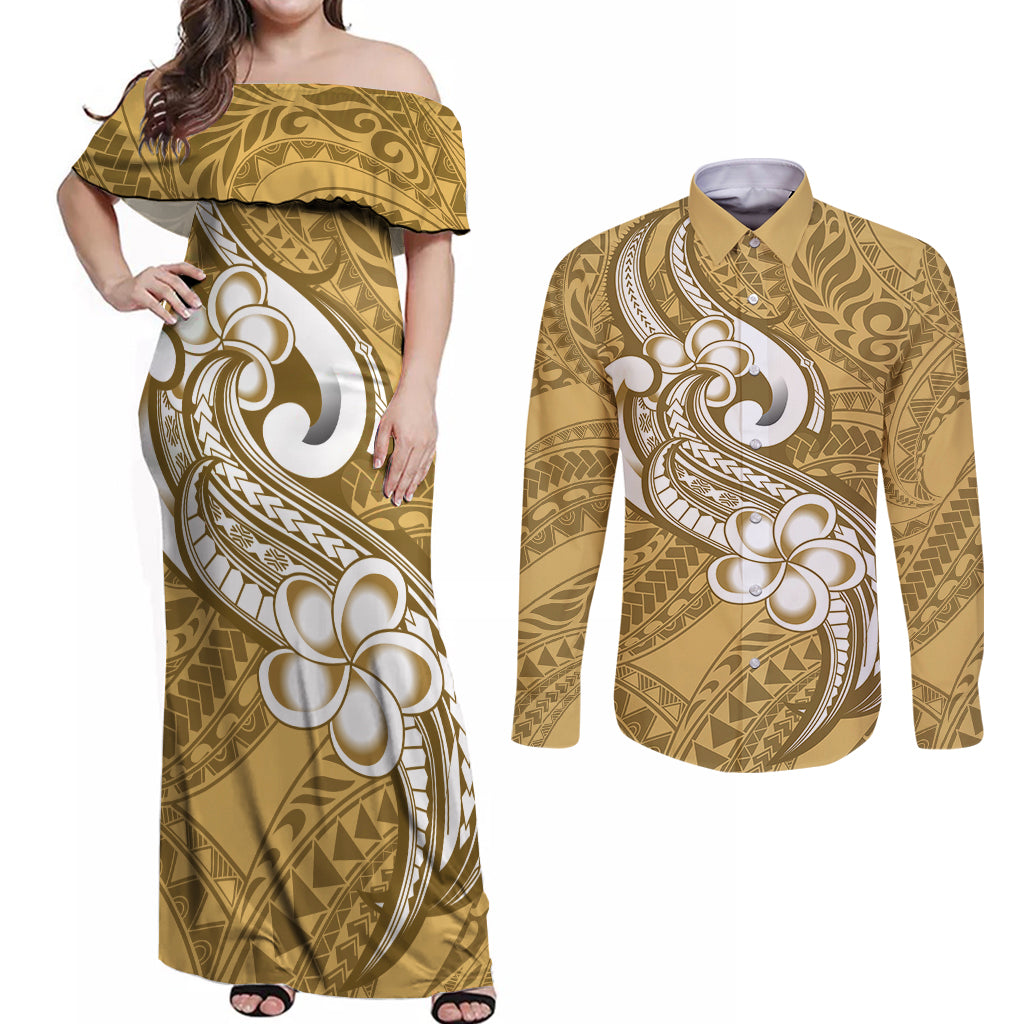 Polynesia Couples Matching Off Shoulder Maxi Dress and Long Sleeve Button Shirts Plumeria With Tribal Pattern Yellow Pastel Vibes LT14 Yellow - Polynesian Pride