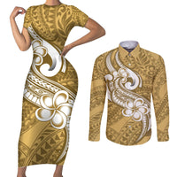 Polynesia Couples Matching Short Sleeve Bodycon Dress and Long Sleeve Button Shirts Plumeria With Tribal Pattern Yellow Pastel Vibes LT14 Yellow - Polynesian Pride