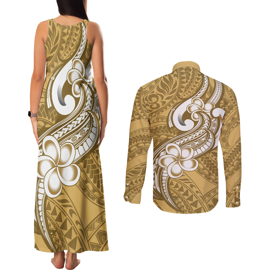 Polynesia Couples Matching Tank Maxi Dress and Long Sleeve Button Shirts Plumeria With Tribal Pattern Yellow Pastel Vibes LT14 - Polynesian Pride