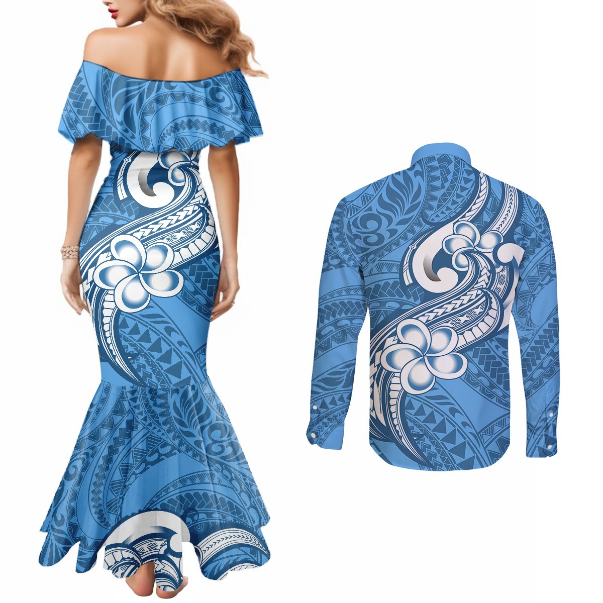 Polynesia Couples Matching Mermaid Dress and Long Sleeve Button Shirts Plumeria With Tribal Pattern Blue Pastel Vibes LT14 - Polynesian Pride