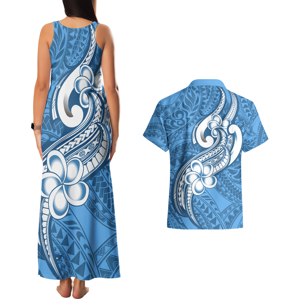 Polynesia Couples Matching Tank Maxi Dress and Hawaiian Shirt Plumeria With Tribal Pattern Blue Pastel Vibes LT14 - Polynesian Pride