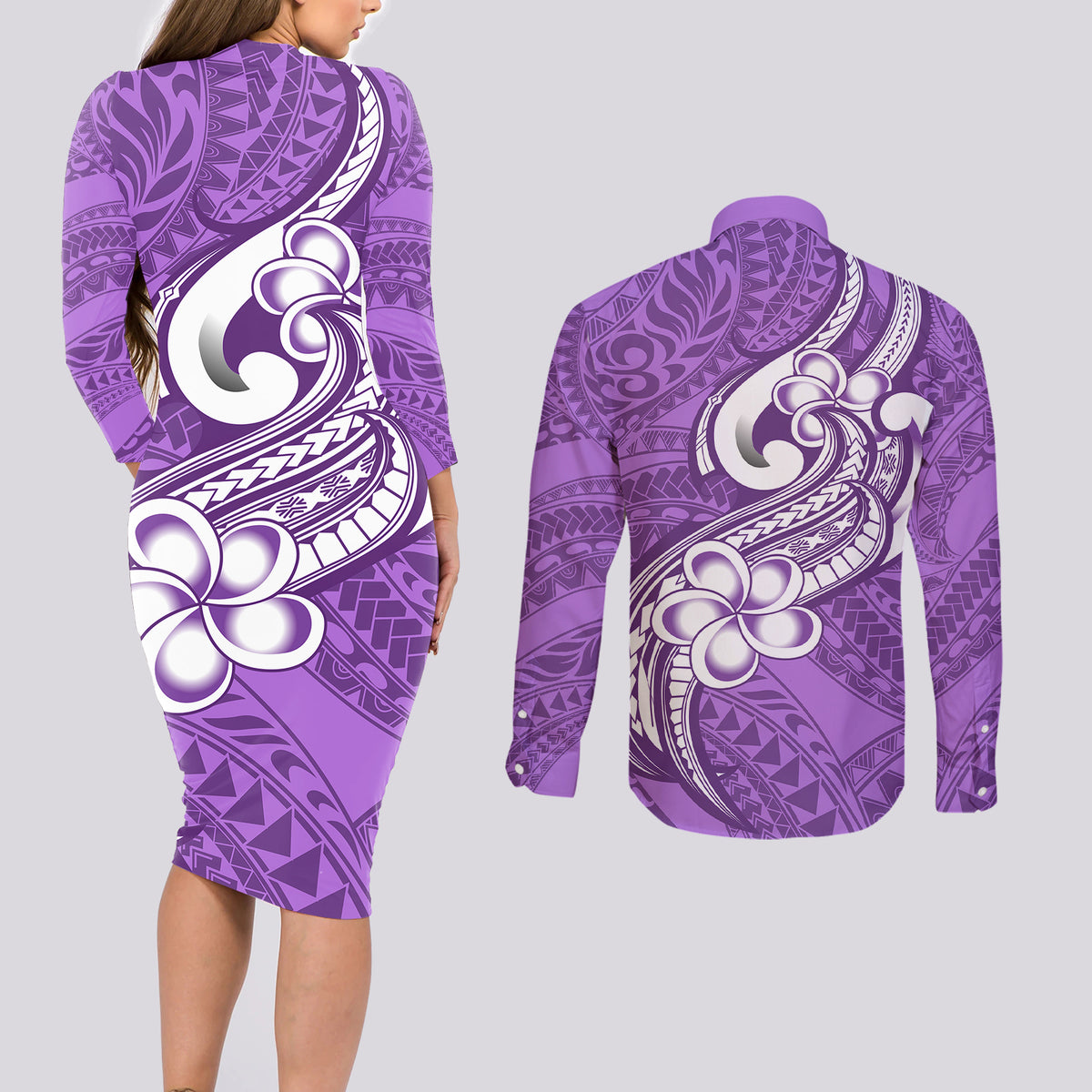 Polynesia Couples Matching Long Sleeve Bodycon Dress and Long Sleeve Button Shirts Plumeria With Tribal Pattern Purple Pastel Vibes LT14 - Polynesian Pride