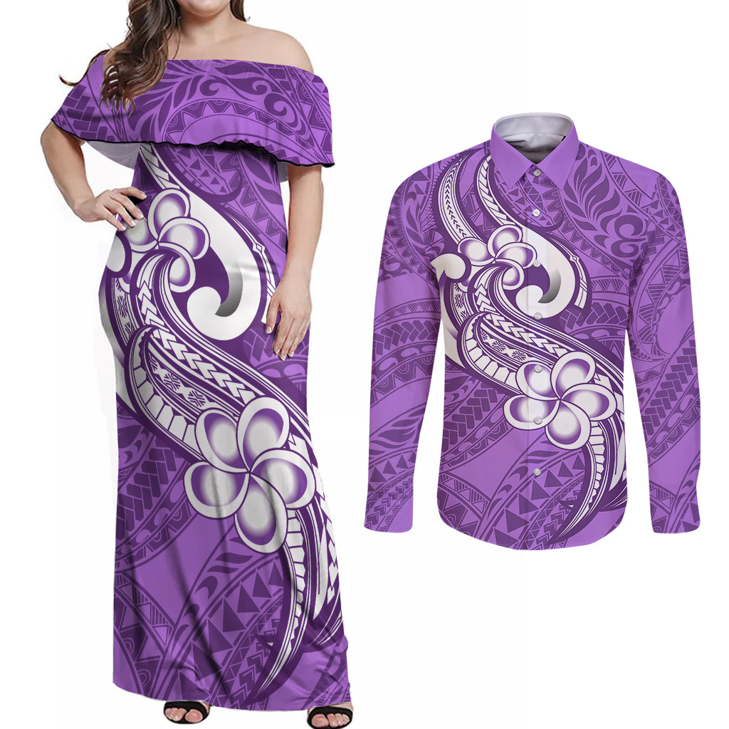 Polynesia Couples Matching Off Shoulder Maxi Dress and Long Sleeve Button Shirts Plumeria With Tribal Pattern Purple Pastel Vibes LT14 Purple - Polynesian Pride