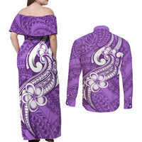 Polynesia Couples Matching Off Shoulder Maxi Dress and Long Sleeve Button Shirts Plumeria With Tribal Pattern Purple Pastel Vibes LT14 - Polynesian Pride