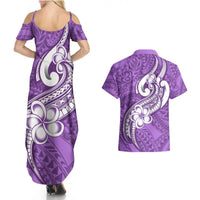 Polynesia Couples Matching Summer Maxi Dress and Hawaiian Shirt Plumeria With Tribal Pattern Purple Pastel Vibes LT14 - Polynesian Pride