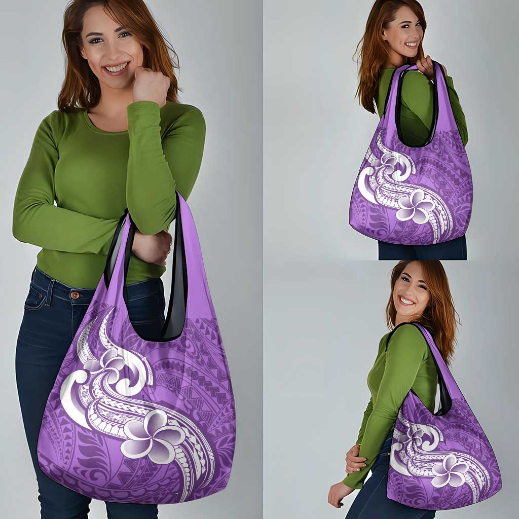 Polynesia Grocery Bag Plumeria With Tribal Pattern Purple Pastel
