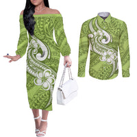 Polynesia Couples Matching Off The Shoulder Long Sleeve Dress and Long Sleeve Button Shirts Plumeria With Tribal Pattern Green Pastel Vibes LT14 Green - Polynesian Pride