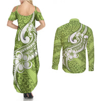 Polynesia Couples Matching Summer Maxi Dress and Long Sleeve Button Shirts Plumeria With Tribal Pattern Green Pastel Vibes LT14 - Polynesian Pride