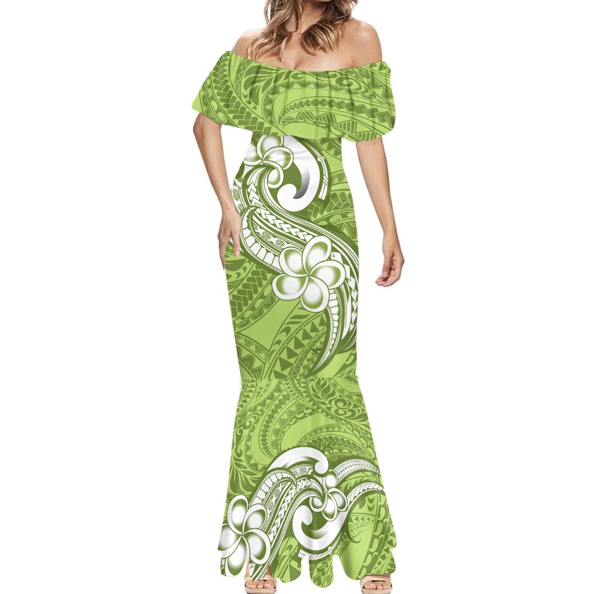 Polynesia Mermaid Dress Plumeria With Tribal Pattern Green Pastel Vibes LT14 - Polynesian Pride