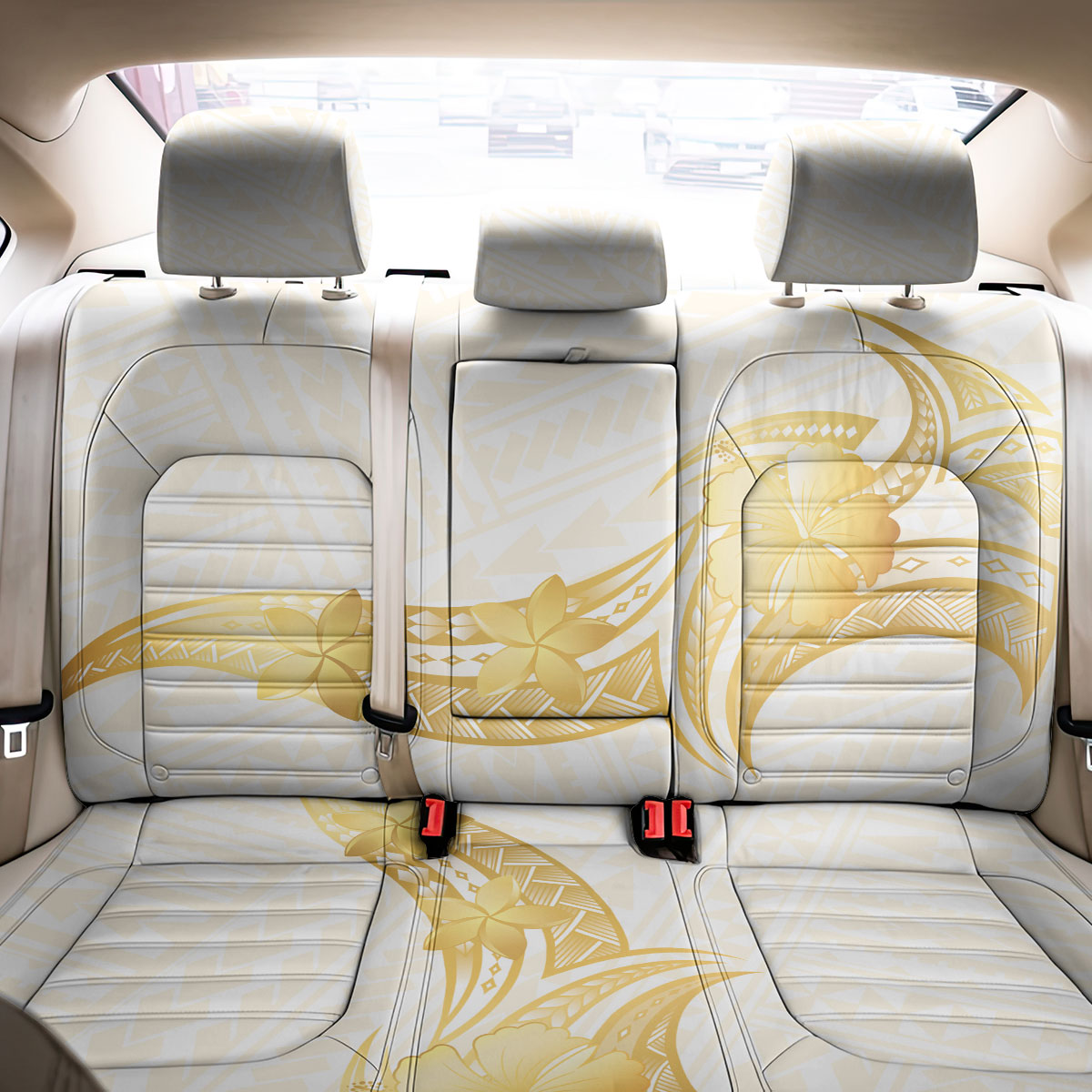 Polynesia White Sunday Back Car Seat Cover Polynesian Tattoo Plumeria Hibiscus Gold LT14 - Polynesian Pride