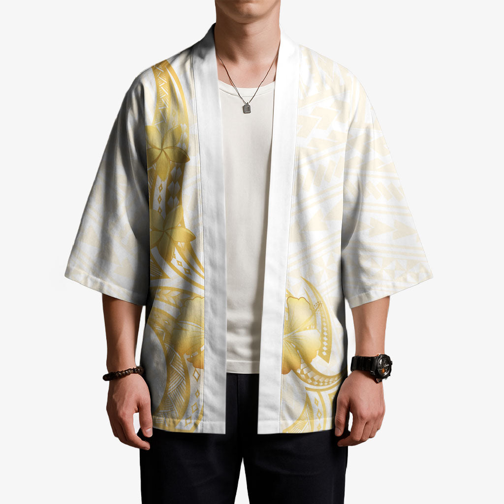 Polynesia White Sunday Kimono Polynesian Tattoo Plumeria Hibiscus Gold LT14 - Polynesian Pride