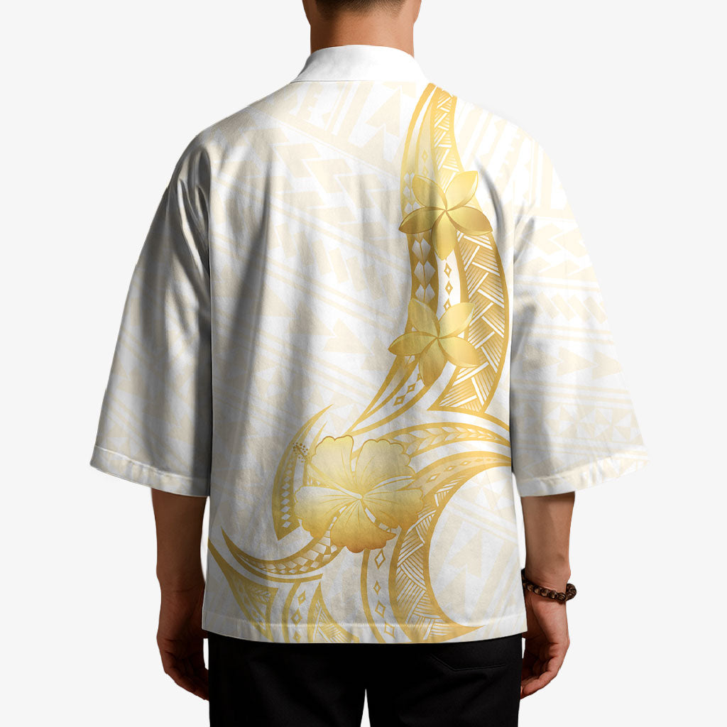 Polynesia White Sunday Kimono Polynesian Tattoo Plumeria Hibiscus Gold LT14 - Polynesian Pride