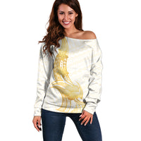 Polynesia White Sunday Off Shoulder Sweater Polynesian Tattoo Plumeria Hibiscus Gold LT14 Women White - Polynesian Pride