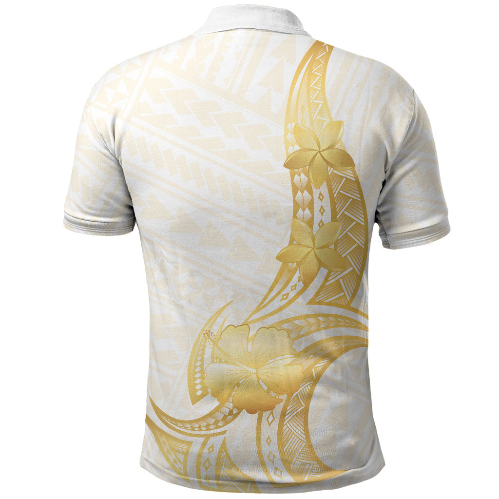 Polynesia White Sunday Polo Shirt Polynesian Tattoo Plumeria Hibiscus Gold LT14 - Polynesian Pride