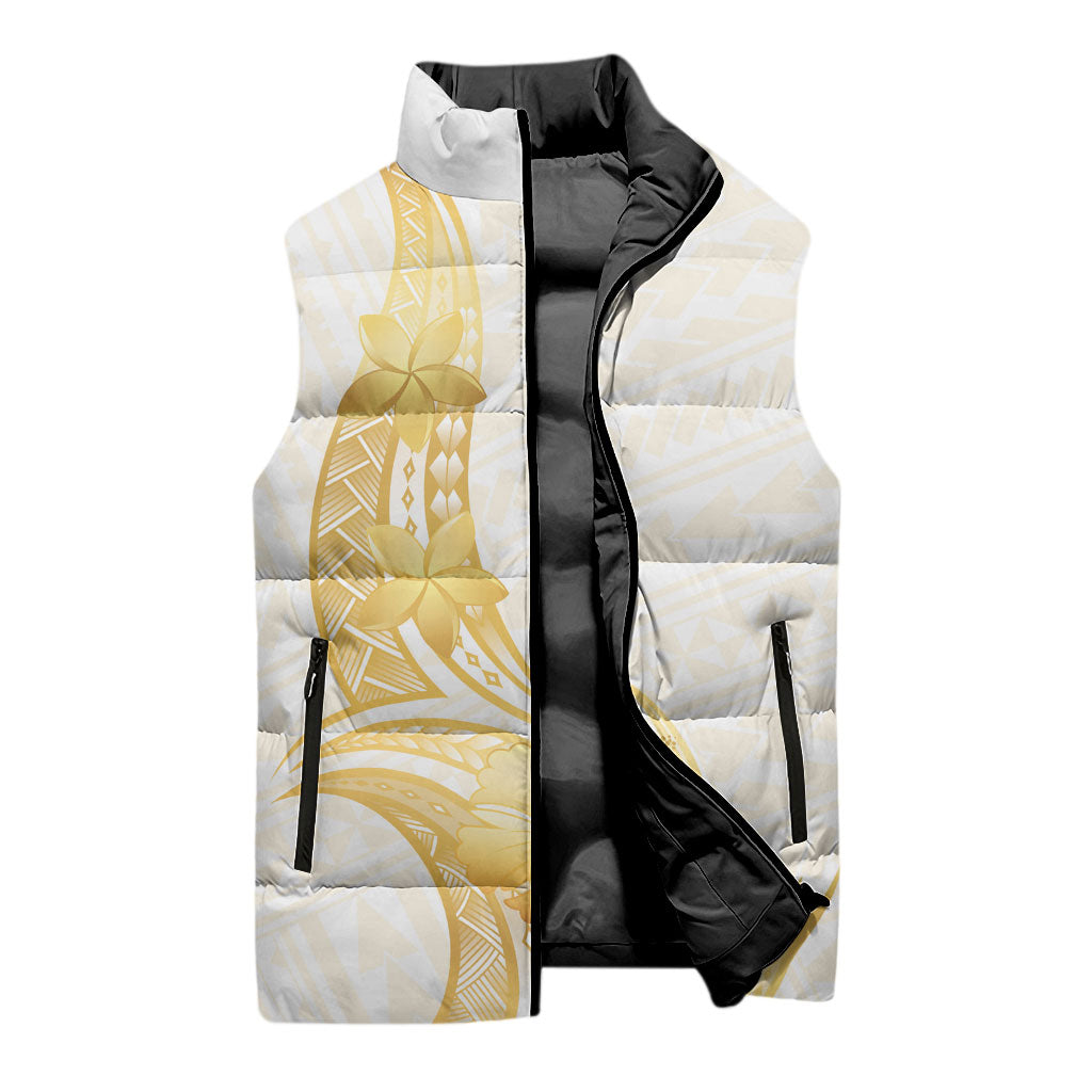Polynesia White Sunday Sleeveless Puffer Jacket Polynesian Tattoo Plumeria Hibiscus Gold LT14 - Polynesian Pride