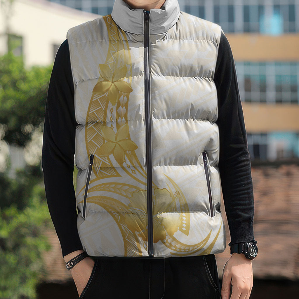 Polynesia White Sunday Sleeveless Puffer Jacket Polynesian Tattoo Plumeria Hibiscus Gold LT14 - Polynesian Pride