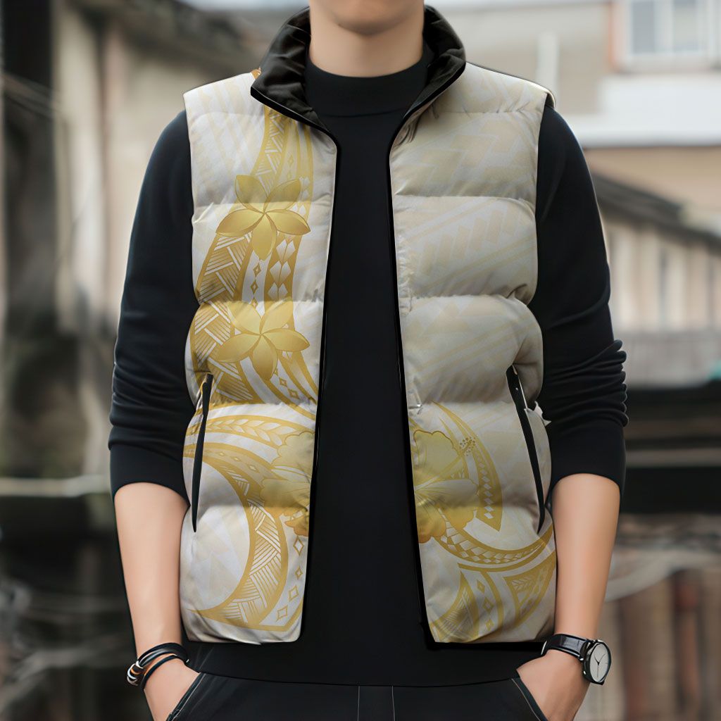 Polynesia White Sunday Sleeveless Puffer Jacket Polynesian Tattoo Plumeria Hibiscus Gold LT14 - Polynesian Pride