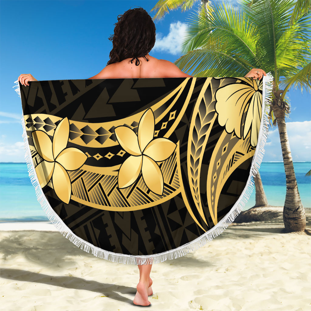 Gold Black Polynesia Hibiscus Plumeria Tattoo Beach Blanket LT14 - Polynesian Pride