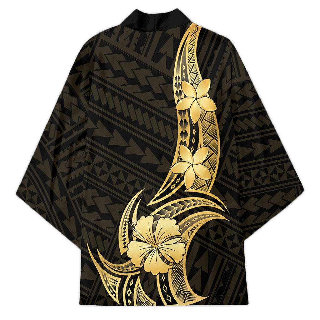 Gold Black Polynesia Hibiscus Plumeria Tattoo Kimono LT14 - Polynesian Pride