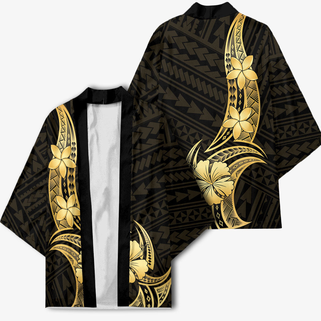 Gold Black Polynesia Hibiscus Plumeria Tattoo Kimono LT14 - Polynesian Pride