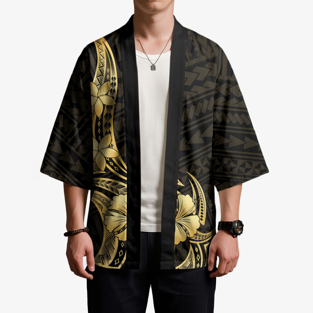Gold Black Polynesia Hibiscus Plumeria Tattoo Kimono LT14 - Polynesian Pride