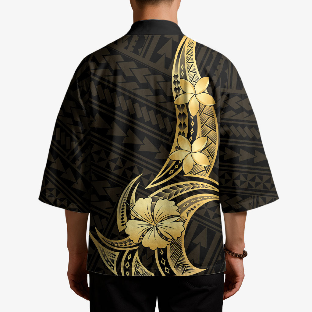 Gold Black Polynesia Hibiscus Plumeria Tattoo Kimono LT14 - Polynesian Pride