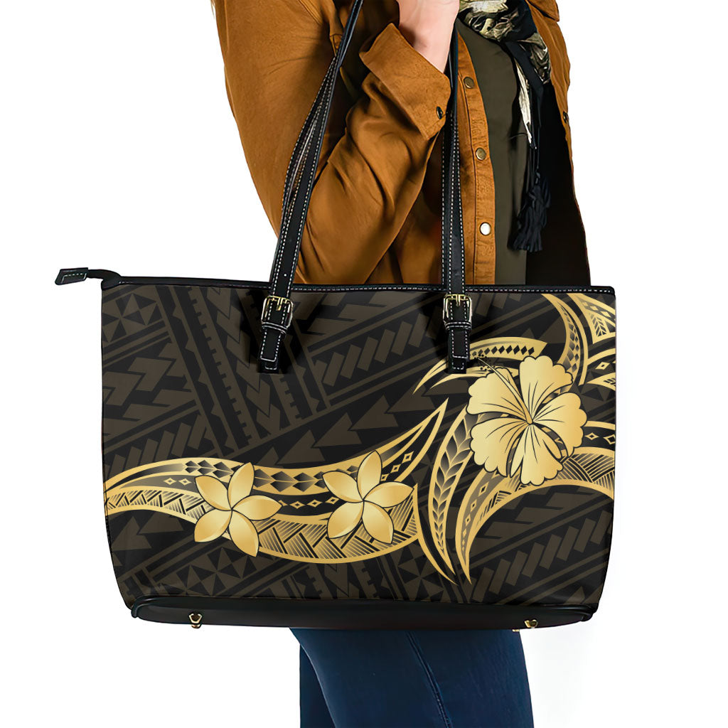 Gold Black Polynesia Hibiscus Plumeria Tattoo Leather Tote Bag LT14 - Polynesian Pride
