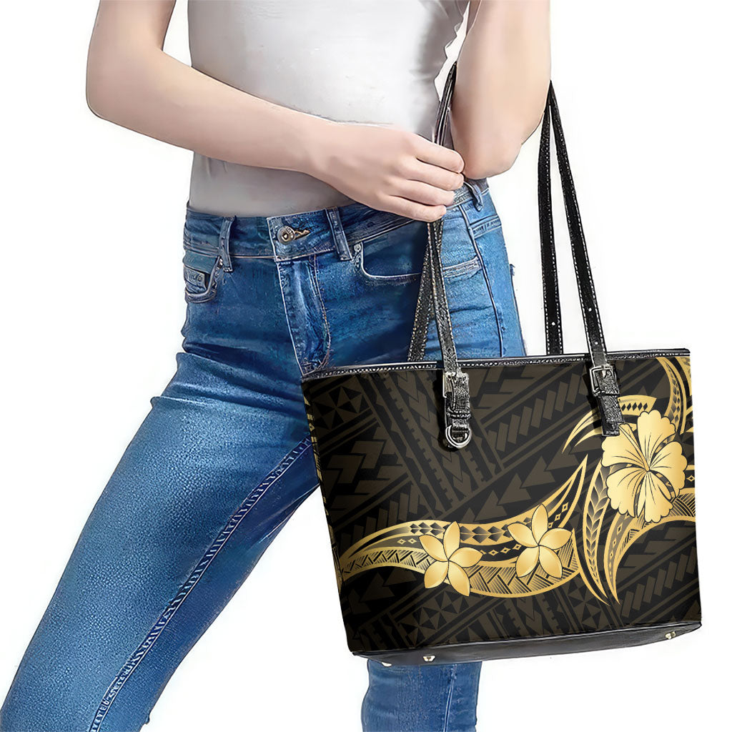 Gold Black Polynesia Hibiscus Plumeria Tattoo Leather Tote Bag LT14 - Polynesian Pride