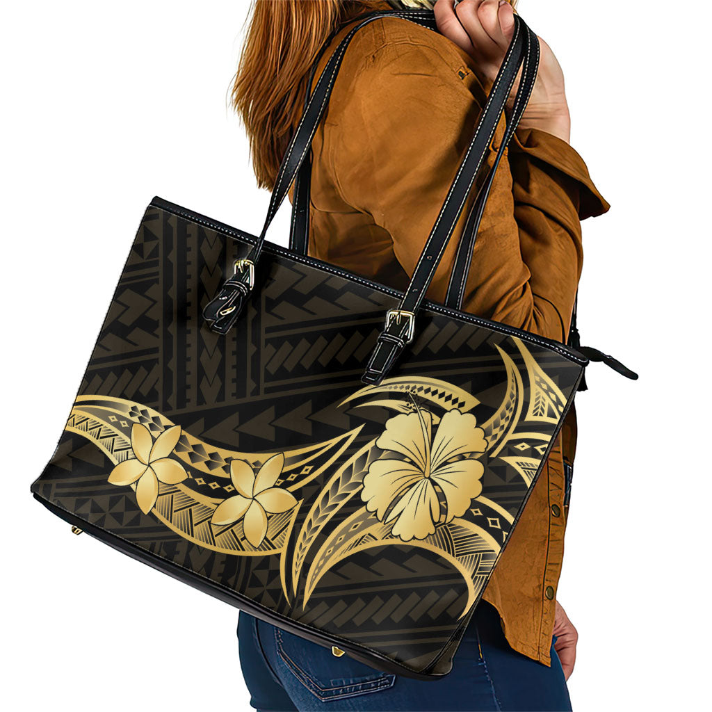 Gold Black Polynesia Hibiscus Plumeria Tattoo Leather Tote Bag LT14 - Polynesian Pride