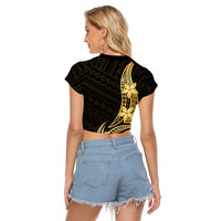 Gold Black Polynesia Hibiscus Plumeria Tattoo Raglan Cropped T Shirt LT14 - Polynesian Pride