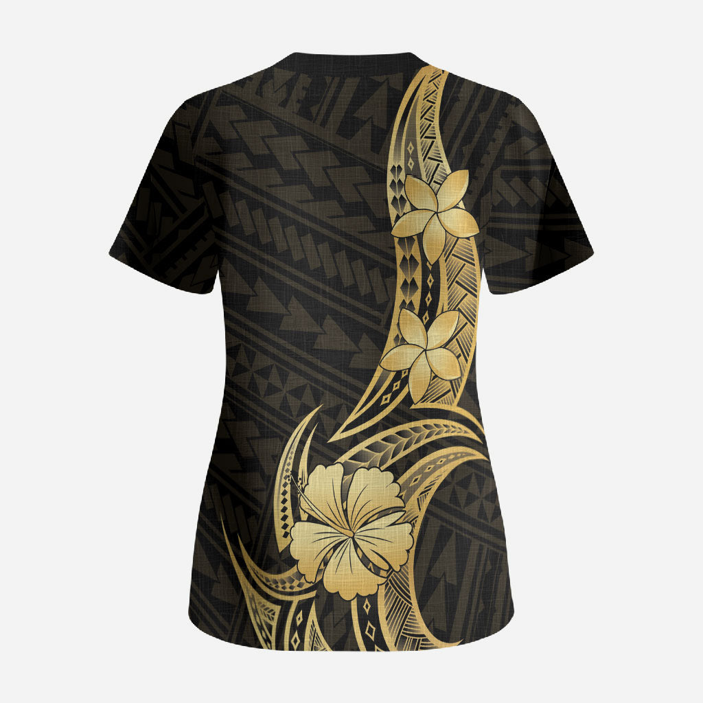Gold Black Polynesia Hibiscus Plumeria Tattoo Scrub Top LT14 - Polynesian Pride