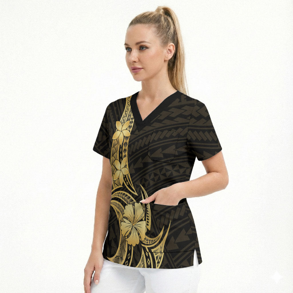 Gold Black Polynesia Hibiscus Plumeria Tattoo Scrub Top LT14 - Polynesian Pride