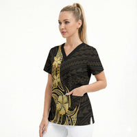 Gold Black Polynesia Hibiscus Plumeria Tattoo Scrub Top LT14 - Polynesian Pride