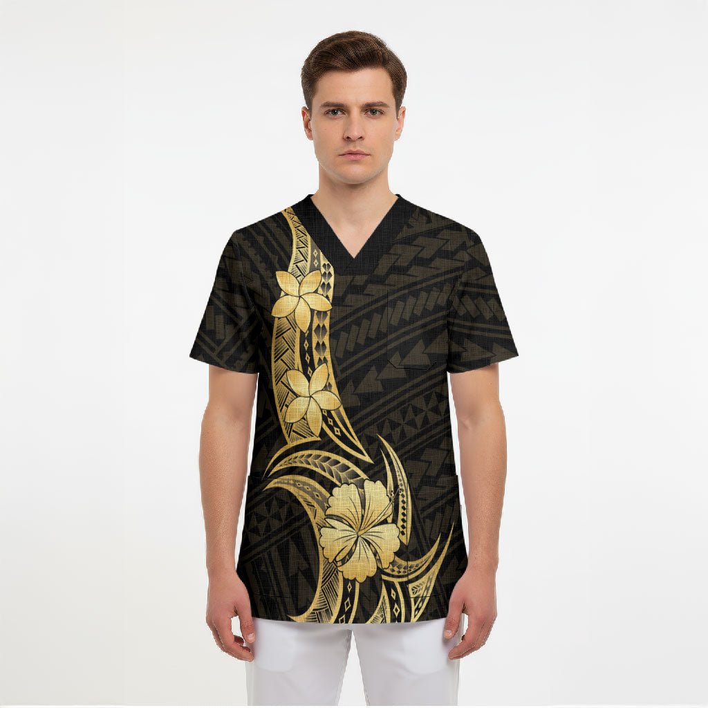 Gold Black Polynesia Hibiscus Plumeria Tattoo Scrub Top LT14 - Polynesian Pride