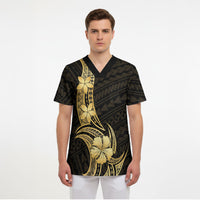 Gold Black Polynesia Hibiscus Plumeria Tattoo Scrub Top LT14 - Polynesian Pride