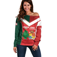 Custom Rugby Tonga and Lebanon Off Shoulder Sweater Mate Maa Tonga Cedars Together LT14 Women Multicolor - Polynesian Pride