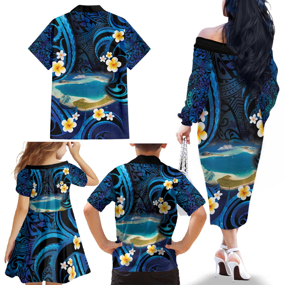 French Polynesia Tetiaroa Atoll Family Matching Off The Shoulder Long Sleeve Dress and Hawaiian Shirt Polynesian Curves Style LT14 - Polynesian Pride