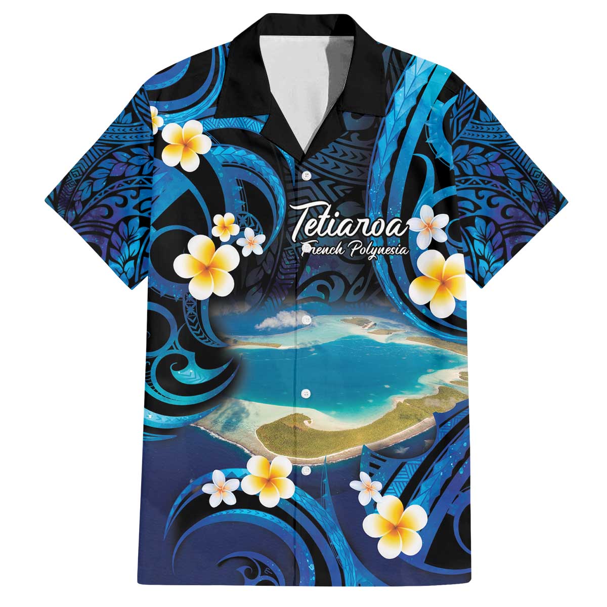 French Polynesia Tetiaroa Atoll Family Matching Off The Shoulder Long Sleeve Dress and Hawaiian Shirt Polynesian Curves Style LT14 Dad's Shirt - Short Sleeve Blue - Polynesian Pride