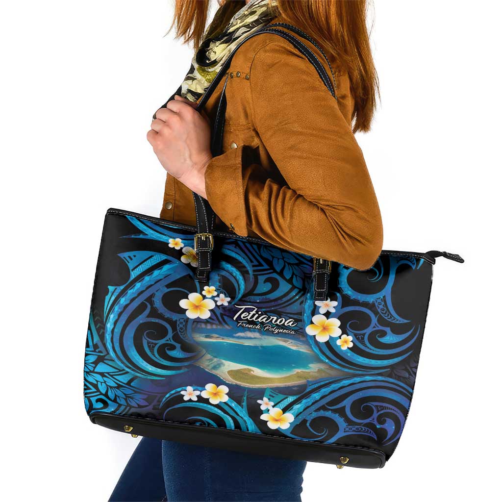 French Polynesia Tetiaroa Atoll Leather Tote Bag Polynesian Curves Style LT14 Blue - Polynesian Pride