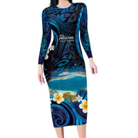 French Polynesia Tetiaroa Atoll Long Sleeve Bodycon Dress Polynesian Curves Style LT14 Long Dress Blue - Polynesian Pride