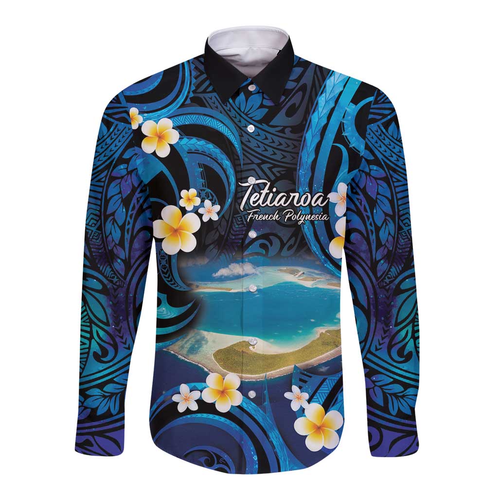 French Polynesia Tetiaroa Atoll Long Sleeve Button Shirt Polynesian Curves Style LT14 Unisex Blue - Polynesian Pride