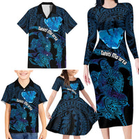 Personalised Tahiti Moorea Atoll Family Matching Long Sleeve Bodycon Dress and Hawaiian Shirt Polynesian Sea Turtle LT14 - Polynesian Pride