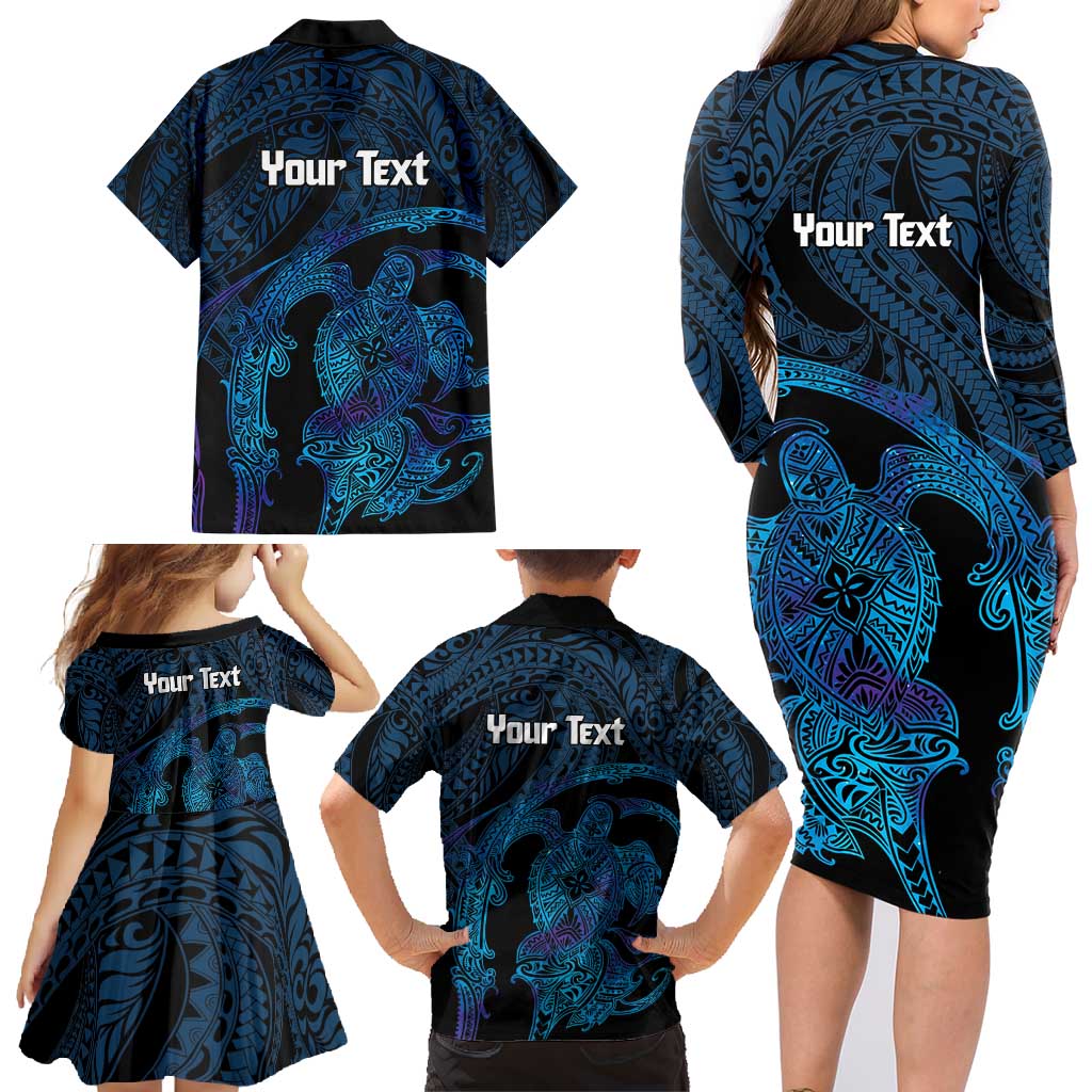 Personalised Tahiti Moorea Atoll Family Matching Long Sleeve Bodycon Dress and Hawaiian Shirt Polynesian Sea Turtle LT14 - Polynesian Pride